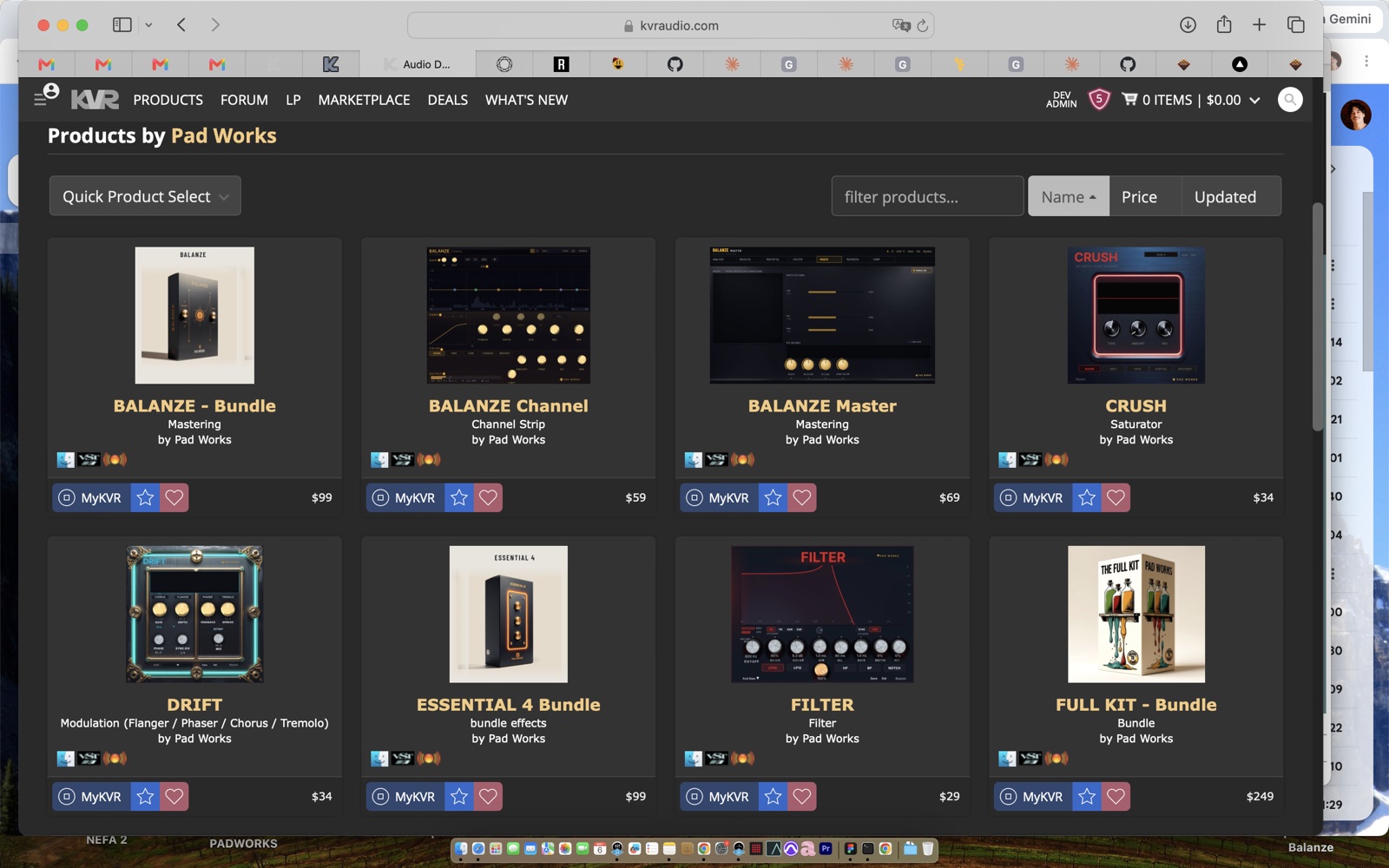 KVR Audio: Products by Pad Works, the developer page with the 16 listings.