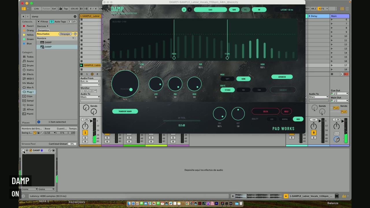 DAMP switched on over a vocal track in Ableton Live