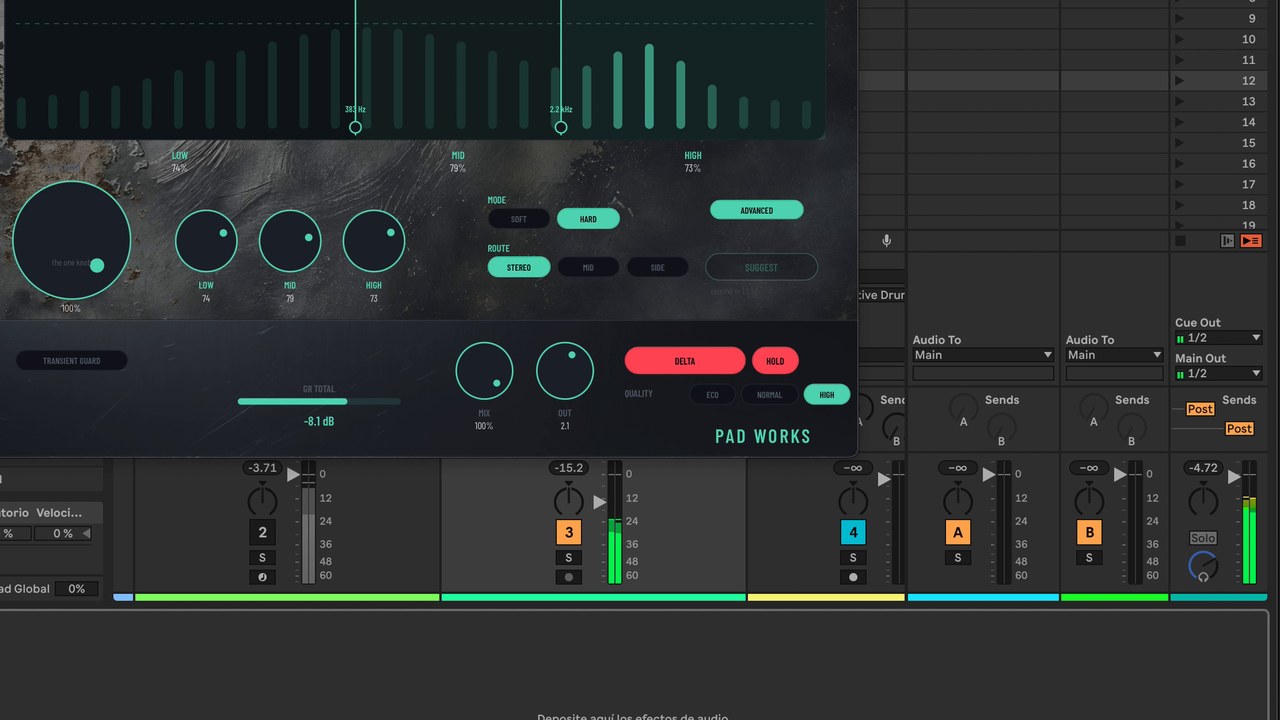 DAMP on a strings track, next to the Ableton Live mixer